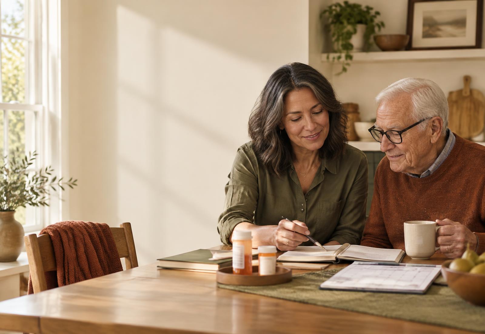 A daughter and her father organizing caregiving information together at a kitchen table